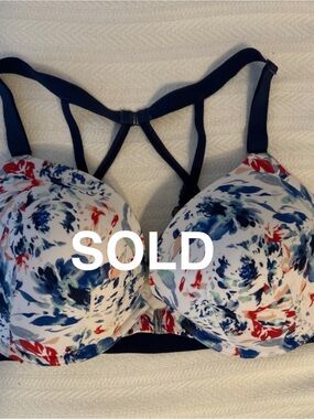 Cacique Boost Plunge Blue White Floral Bra Padded Underwire 40DDD Lace Racerback